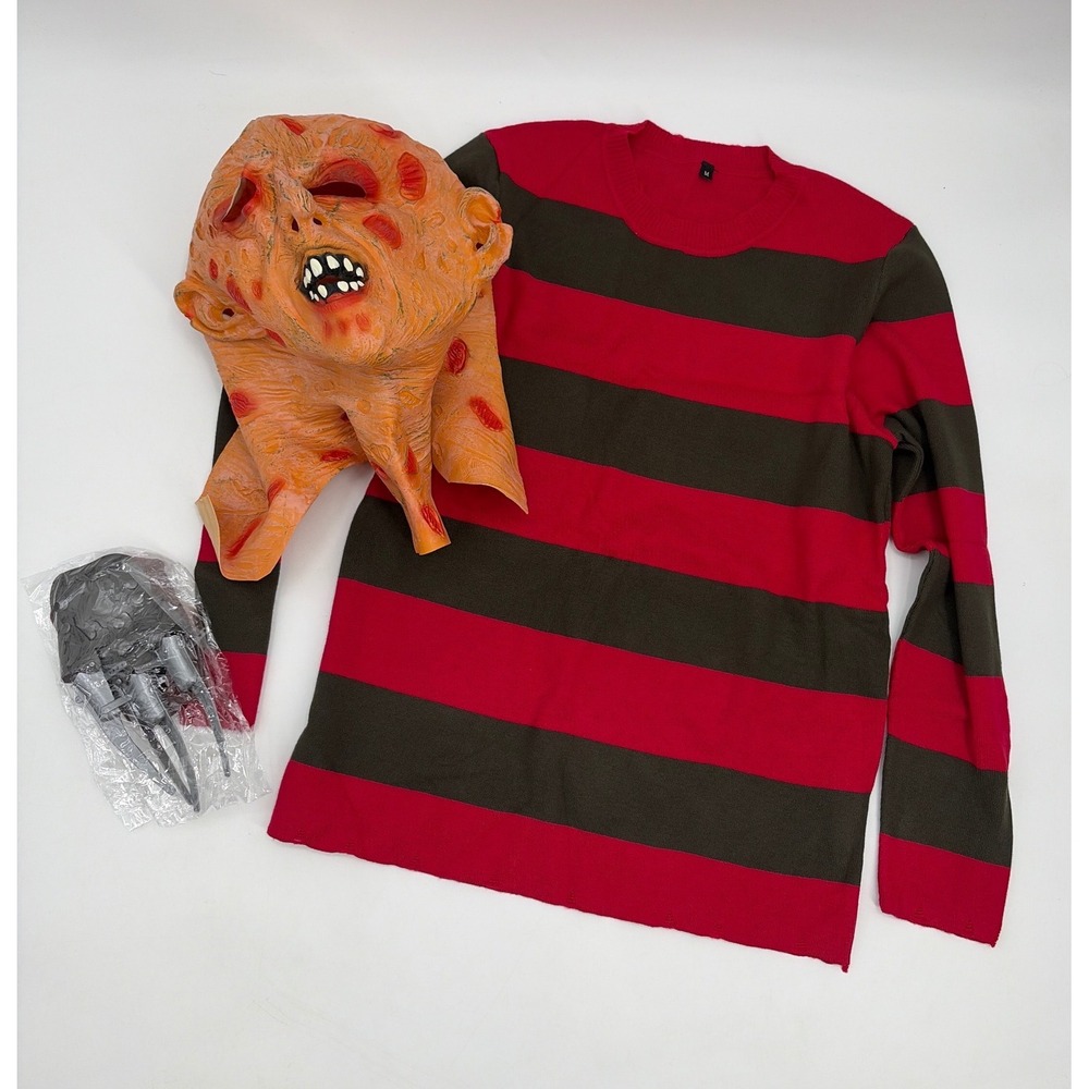 Freddy Krueger Costume Set Striped Sweater Mask Bladed Glove Mens Size M Horror